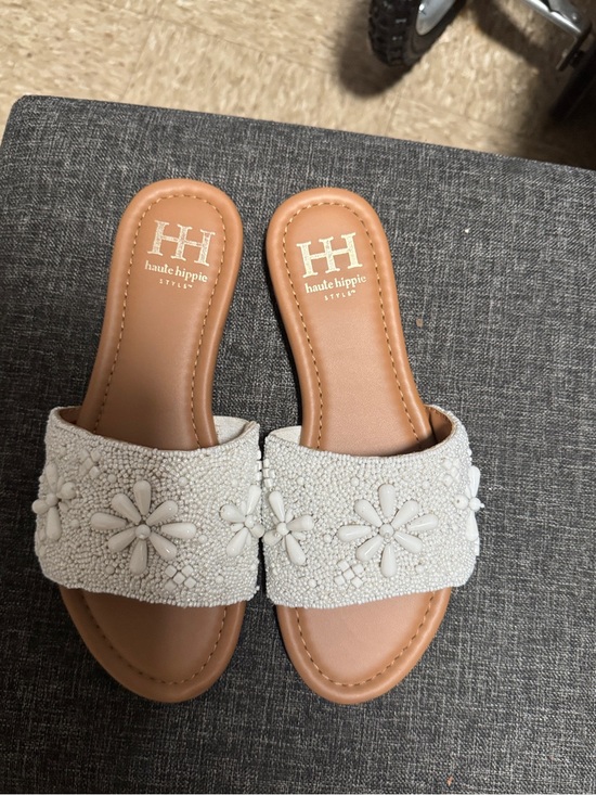 Haute Hippie Shoes - Haute Hippie Cream Beaded Floral Slide Sandals